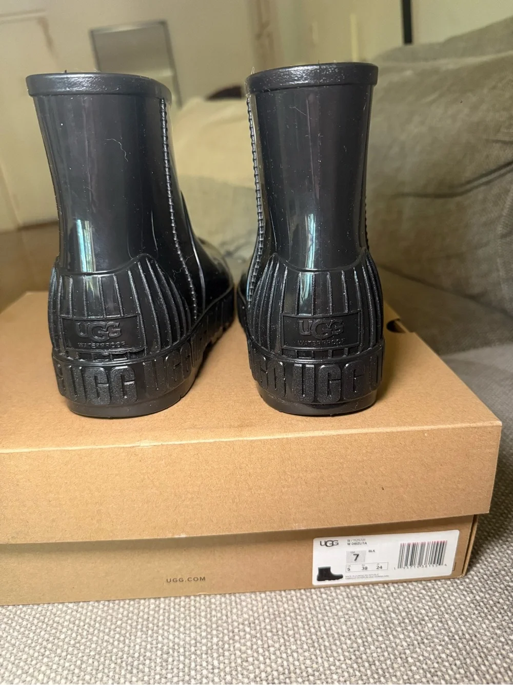 UGG Glossy Black Short Rain Boots with Branded Sole